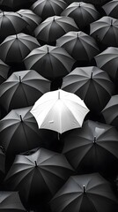Set of Black Umbrellas with a White One in the Middle, Abstract Image, Texture, Pattern Background, Wallpaper, Cover and Screen of Smartphone, PC, Laptop, 9:16 and 16:9 Format