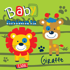 Cartoon baby lion and giraffe with colorful patterns and paw prints in playful design. Children's animal theme concept
