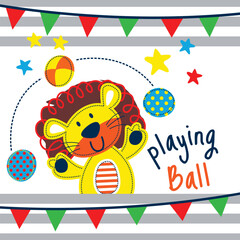 Cartoon lion juggling colorful balls with stars and festive flags in playful design. Children's activity concept
