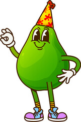 Cartoon groovy pear fruit character on celebration party wearing festive party hat and retro hippie sneakers, strikes a cheerful pose, radiating joy during fun event celebrations or children birthday