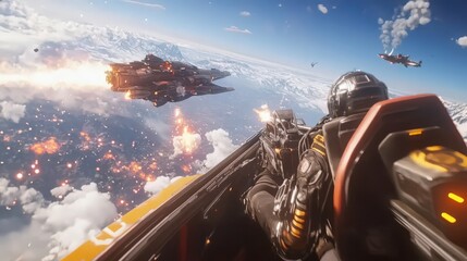 Intense space combat engaging futuristic fighter jets in a high-stakes battle