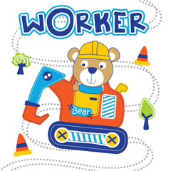 Cartoon bear operating an orange excavator with safety cones and playful design. Children's construction worker concept
