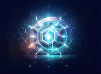 A mesmerizing double exposure image featuring a glowing hexagonal core, surrounded by intricate geometric patterns and vibrant light trails.  The design evokes technology, energy, and futuristic conce