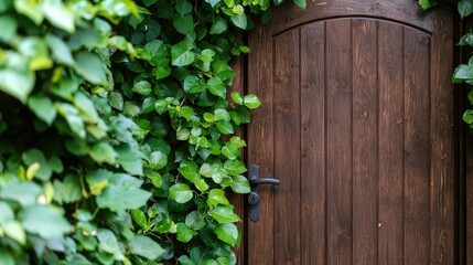 Wooden door hidden in lush green ivy, garden background, nature scene, stock photo