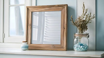 Rustic Charm: A weathered wooden frame rests on a windowsill, adorned with dried floral accents and a rustic vase, exuding a sense of cozy, timeless elegance.