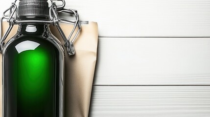 Green liquid in a swing-top bottle on a white wooden background with copy space.