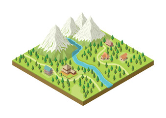isometric beautiful mountain with village