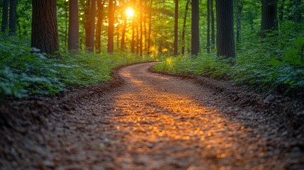 Obraz premium Sunlit path winding through a lush green forest at sunset.