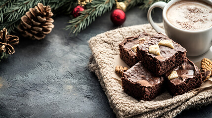 Christmas Brownie Indulgence: Rich, fudgy brownies topped with white chocolate chunks, nestled on a cozy knitted surface next to a steaming mug of hot chocolate and festive decorations.