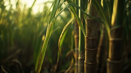 A close-up of sugarcane stalks with visible nodes and fresh green leaves, set against a soft-focus background of a sprawling plantation.