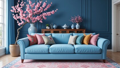 Modern living room with comfortable soft blue sofa and dominant background and minimalist style decoration