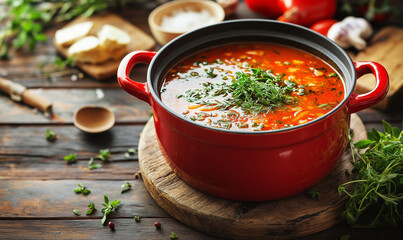 Red Enamel Pot with Soup and Fresh Herbs on Wooden Table, A Warm and Flavorful Meal Ready to Enjoy