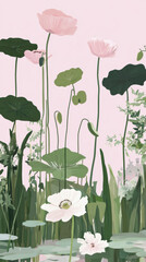 Obraz premium Pink and white lotus flowers with green leaves