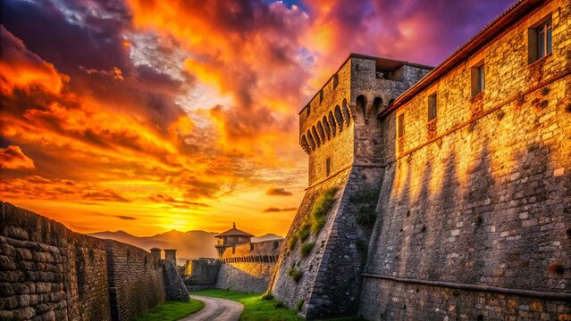 Majestic Silhouette of Medieval Fortress Walls at Sunset, Sarzana, Italy