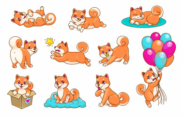 Obraz premium Cartoon Shiba Inu dog and puppy pet characters, vector cute kawaii personages. Japanese Shiba Inu puppy dogs happy playing with ball and balloons, catching star or sleeping on pillow and licking paw