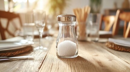 A glass salt shaker filled with fine white salt placed on a wooden dining table, surrounded by simple tableware and soft natural lighting.