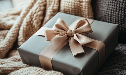 Cream-Colored Bow on Gray Gift Box on Cozy Couch, A Warm and Inviting Gift Setup