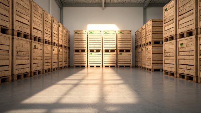 Expansive warehouse interior filled with neatly stacked wooden pallets and crates showcasing an organized storage and logistics facility for cargo freight and shipping