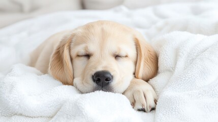 Obraz premium Puppy sleeping peacefully on soft blanket, cozy bedroom