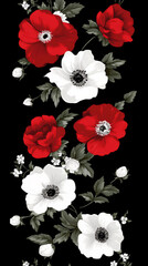 Red and white flowers on black background