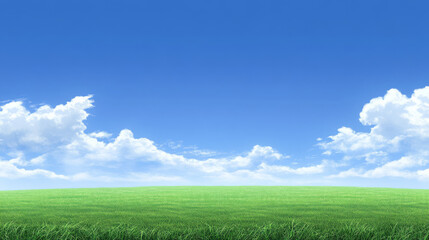 Fototapeta premium Green field under clear blue sky with clouds