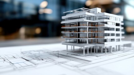 A modern architectural model displayed on blueprints, showcasing design and structure.