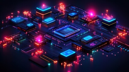 Obraz premium Futuristic neon-lit microchip circuitry with glowing components.