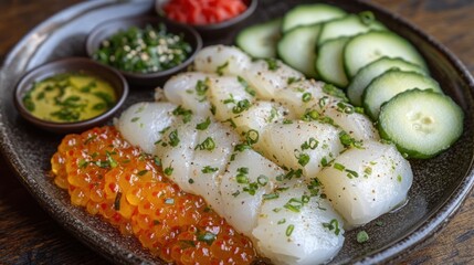 Fresh sliced scallops served with cucumber, caviar, ginger, and sauces.