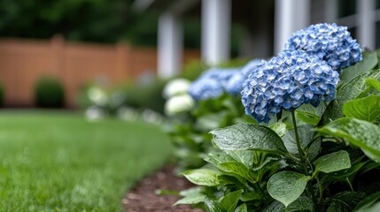 Close-up of blue hydrangea flowers in a well-maintained garden landscape.