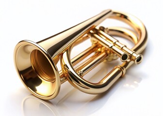 Metallic Bugle in a Close-Up, Isolated on a White Background