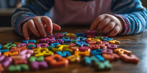 Fototapeta premium Child playing with colorful alphabet letters, Early learning and educational development concept