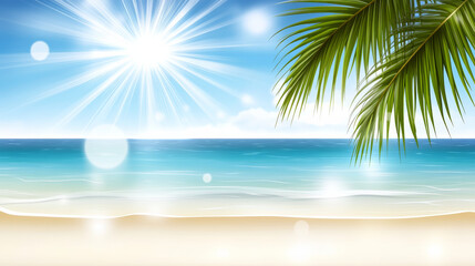 Fototapeta premium Sunny beach with palm leaves and ocean view