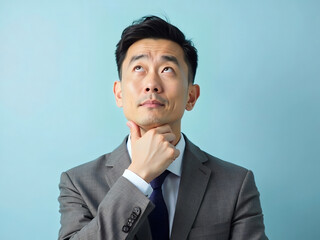 Pensive Businessman in Suit Looking Upward Contemplating Future Choices