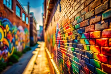 Miniature Brick Wall with Graffiti Art: Tilt-Shift Cityscape Stock Photo