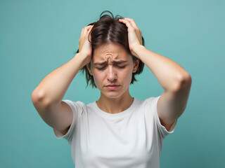 Young woman experiencing a terrible headache and stress with her hands on her head