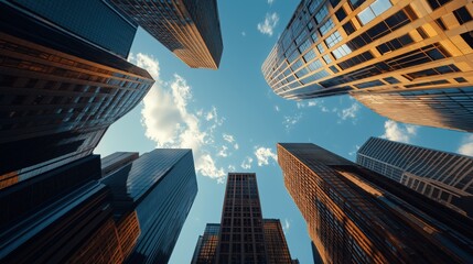 Low Angle View Of Skyscrapers Reaching Toward Partly Cloudy Blue Sky