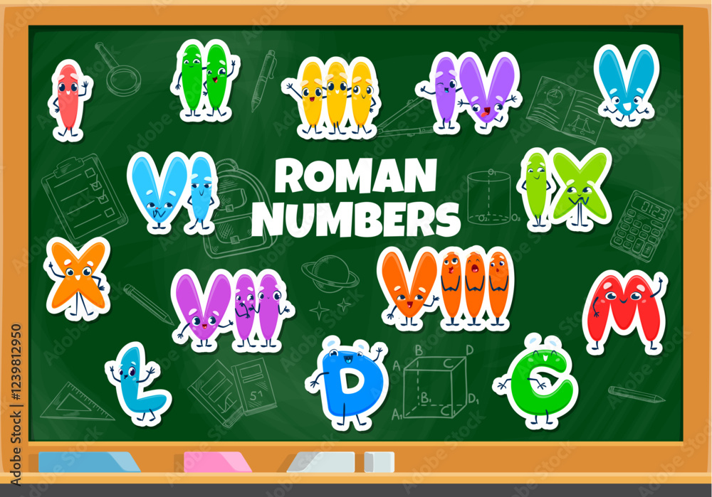 Poster cartoon roman number characters stickers pack for kids mathematics, vector digits. roman number or n