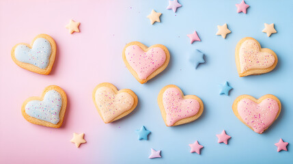 Fototapeta premium Pastel Heart Cookies: Sweet pastel-colored heart-shaped cookies arranged on a pink and blue background, decorated with pastel sprinkles and stars. Perfect for Valentine's Day, birthdays.