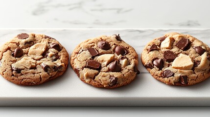 Obraz premium Three delicious chocolate chip cookies on a marble platter.