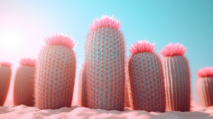 Pink cacti blooming in desert sunlight.