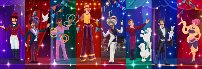 Cartoon circus performer characters collage, vector carnival artists and animals at circus arena. Cute magician, juggler, clown and entertainer, snake charmer and dog trainer performer characters © Vector Tradition