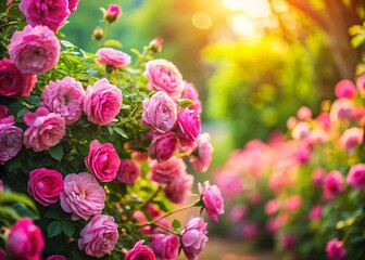 Obraz premium Miniature Pink Rose Corner, Charming Fairy Tale Garden, Tilt-Shift Photography