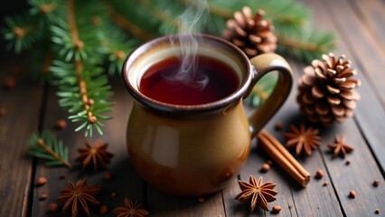 A steaming mug of mulled wine surrounded by pinecones and fresh pine branches, creating a rustic and cozy winter atmosphere with warm, earthy tones.