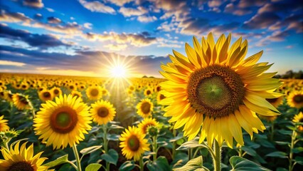 Fototapeta premium Miniature Springtime Sunflower Field, Vibrant Yellow Flowers Under Clear Blue Sky, Tilt-Shift Photography