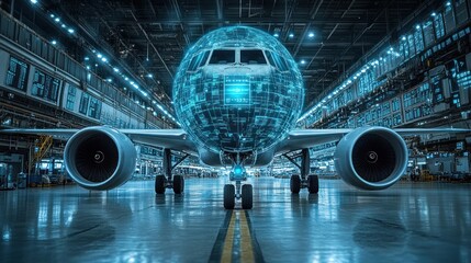 Fototapeta premium Futuristic digital airplane in hangar.