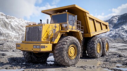 Yellow dump truck in mountain quarry