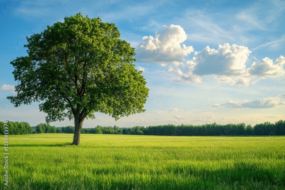 Aufkleber green tree stands tall in a vast open field under a blue sky with fluffy clouds during the late afte