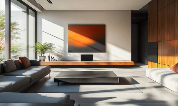 Minimalist Modern Living Room with Smart TV, A Sleek and Comfortable Space Designed for Relaxation