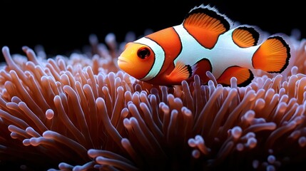 Vibrant orange and white clownfish nestled in a sea anemone's tentacles.