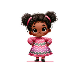 A cute cartoon character of a girl with curly hair, dressed in a colorful patterned dress, perfect for children's illustrations.